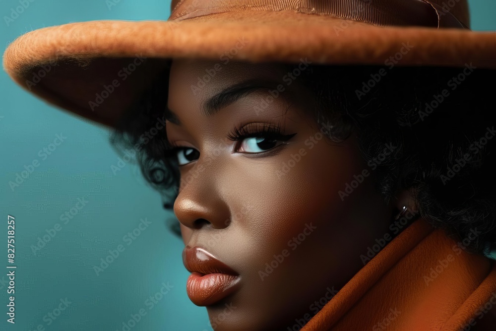 Wall mural artistic closeup portrait of elegant black woman in vintage hat retro style