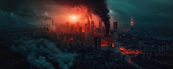 Fototapeta premium Dramatic depiction of a burning city skyline under a dark, ominous sky, with thick smoke rising and a fiery orange glow illuminating the destruction.