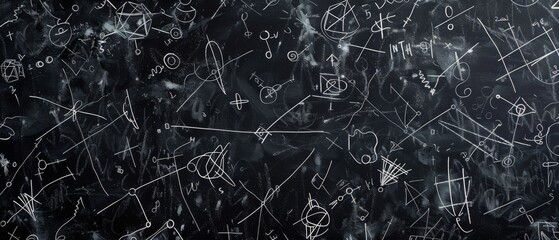 Blackboard filled with complex mathematical formulas and diagrams, representing science, education, and intellectual brainstorming.