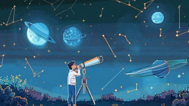 An animation showing an astronomer using a telescope to observe the night sky, with detailed pixel art of constellations,