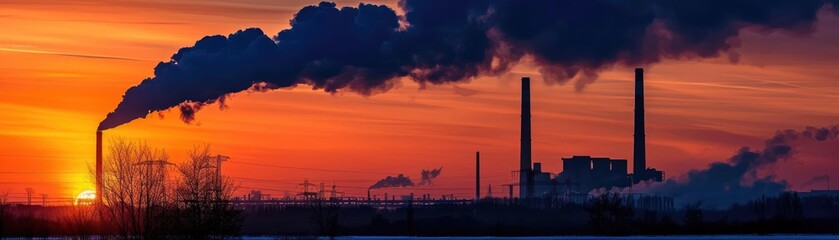 Naklejka premium Industrial factory emitting smoke at sunset, highlighting environmental pollution and beautiful vibrant sky in the background.