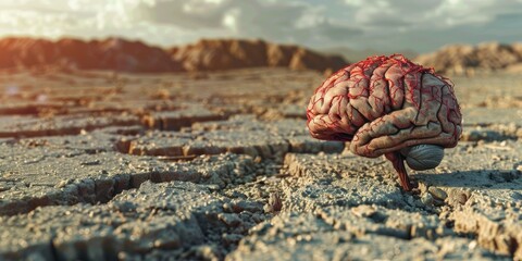 A large human brain in the desert. Climate change threatens brain health. A surrealist sculpture, figurativism. 3D eco illustration. High quality photo