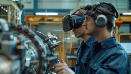 Team of Engineers Using Virtual Reality Headsets for 3D Machinery Visualization