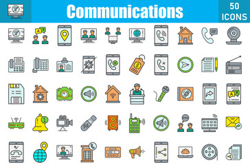 Set of 50 Communications line filled icons set. Workshop outline icons with editable stroke collection. Include agreement, no wifi, language, location, team, connectivity, internet, home, 