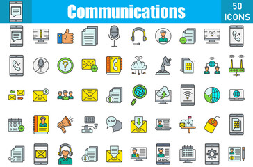 Set of 50 Communications line filled icons set. Workshop outline icons with editable stroke collection. Include Chat,Help, Email, Bubblle Chat, Add Friend, Call, Send, Forward, Mail Forward, About
