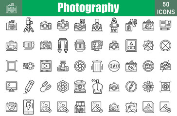 Set of 50 Photography line icons set. Workshop outline icons with editable stroke collection. Include Compact Camera, Dslr Camera, Top View, Instant Camera, Film Camera, Led Light