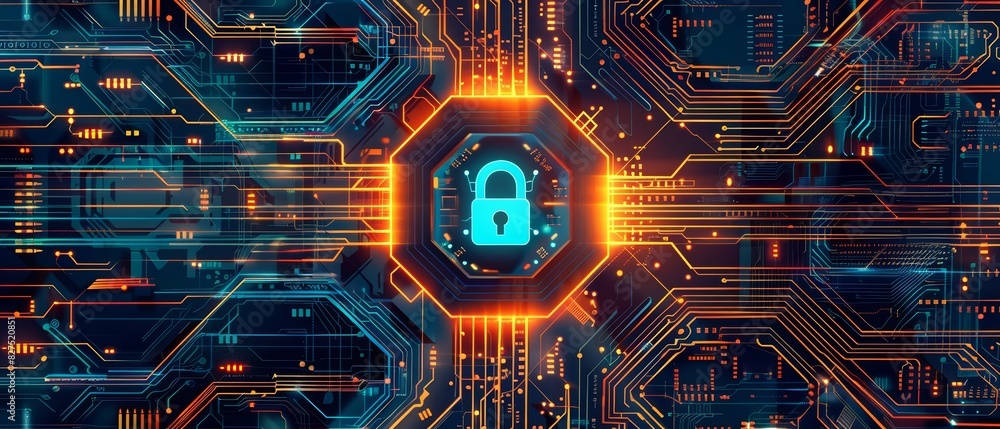 Poster an illustrative depiction of a circuit board with a central microchip featuring a glowing lock icon 