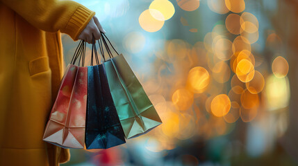 Happy Shopper with Sale Bags: High Resolution Image Reflecting Joy and Satisfaction of Successful Shopping Trip in Glossy Backdrop