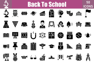 Set of 50 Back To School glyph icons set. Workshop outline icons with editable stroke collection. Include book shelf, microscope, owl, lunch box, saturn, sandwich