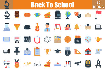 Set of 50 Back To School flat icons set. Workshop outline icons with editable stroke collection. Include book shelf, microscope, owl, lunch box, saturn, sandwich