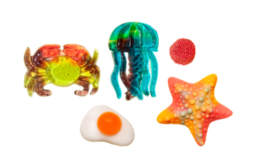 Set of sweet colorful assorted gummy candy isolated. Jelly sweets. PNG with transparent background. Clipping path. Flat lay