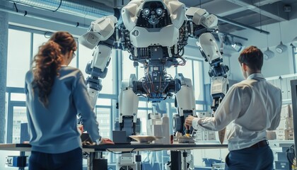Naklejka premium Innovative Engineers Testing Robotics & Automation Technologies in Workshop