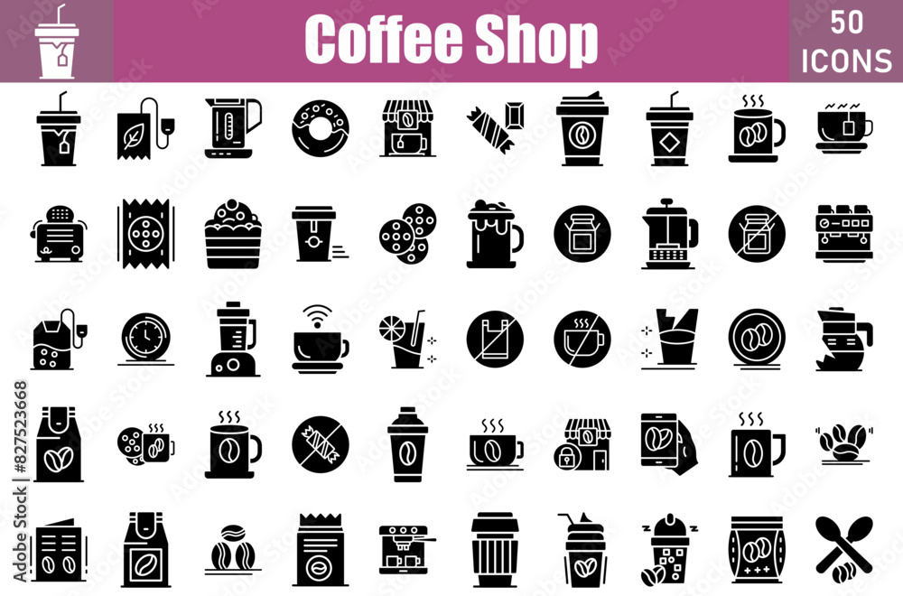 Wall mural Set of 50 Coffee Shop glyph icons set. Workshop outline icons with editable stroke collection. Include glass, tea, tea bag, electric kettle, doughnut, coffee shop