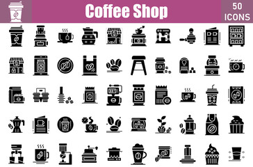 Set of 50 Coffee Shop glyph icons set. Workshop outline icons with editable stroke collection. Include coffee, caffeine, coffee bag, beans, latte, coffee