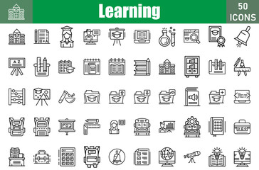Set of 50 Learning line icons set. Workshop outline icons with editable stroke collection. Include student, presentation, video lecture, experiment, research, certificate