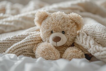 Closeup image of a cute teddy bear snuggled in a textured cream blanket