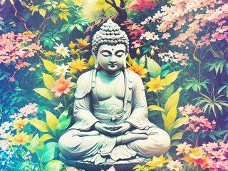 Obraz premium Statue of buddha in a garden full of flowers