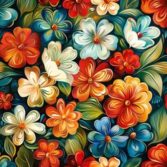 Fototapeta premium Colorful flowers bloom on dark green branches and leaves