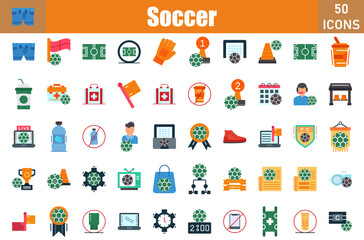 Set of 50 Soccer Flat icons set. Workshop outline icons with editable stroke collection. Include football shorts, offside flag, soccer field, sports gloves, winner, cone