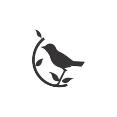 Black bird, leaf and flower vector silhouette illustration,	