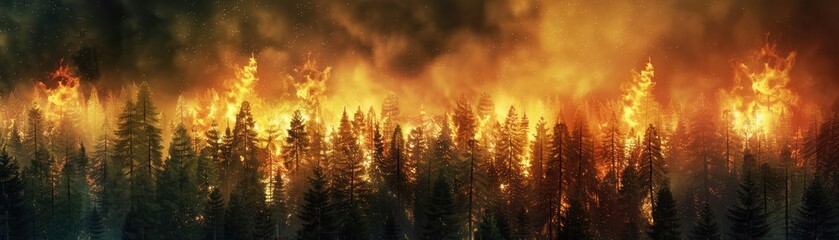 Naklejka premium Dramatic forest fire raging with intense flames and thick smoke, showcasing the destructive power of nature's fury and environmental impact.