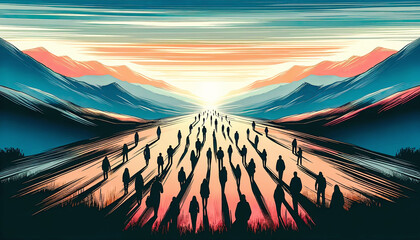 A group of silhouetted people walking towards a bright horizon, surrounded by colourful mountains and a dramatic sky, evoking a sense of journey and hope.