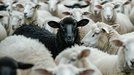 black sheep in a flock of white sheep, generative AI