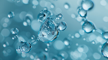 transparent drops in the air connected to each other into shapes similar to molecules on a blue background