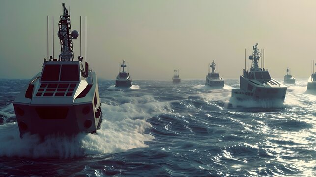 A fleet of autonomous ships navigating the seas without human intervention, generative AI