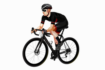 Racing cyclist in action set. Fast road biker from side, front, back and three quarter view. Editable vector illustration.