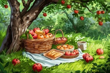Lush picnic area with fresh apples and bread, embodying the joy of outdoor dining in nature