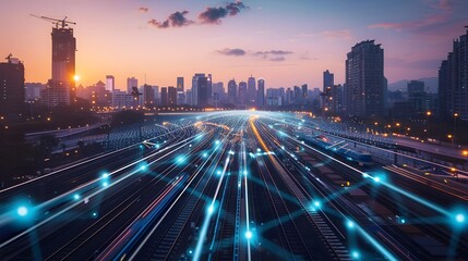 Fototapeta premium A high-speed rail network connecting major cities across continents, generative AI