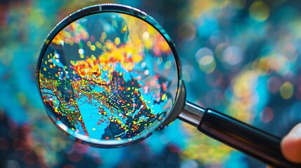  A magnifying glass analyzing a geographic map with plotted data points, such as disease outbreaks or population density.