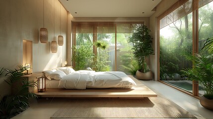 A hyper-realistic minimalist zen bedroom, white and beige color scheme, low platform bed, bamboo decor accents, minimalist wooden furniture, soft natural sunlight, peaceful.
