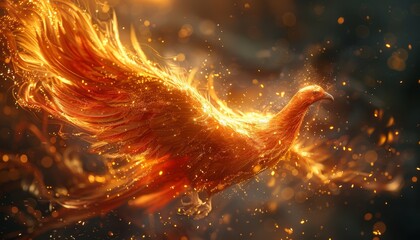 Naklejka premium A red bird with gold feathers flying through a fiery sky by AI generated image