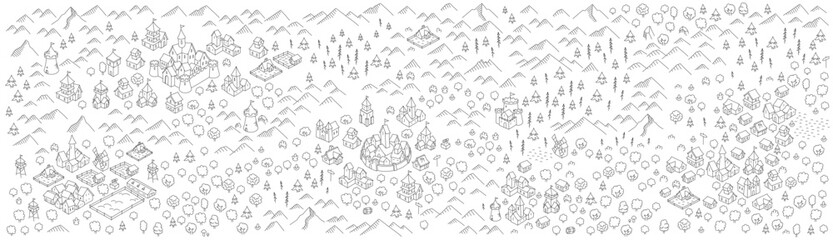 Medieval map horizontal slider format. Middle Ages kingdom map. Vector editable outline stroke.