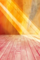 An empty room with sunlight shining through the window. The room is painted in a warm yellow color, and the floor is made of wood painted in a light pink color.