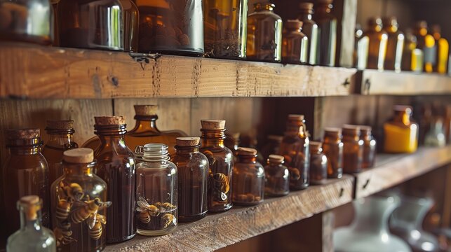A vintage apothecary shelf with bee products in glass jars exudes timeless herbal medicine's essence.
