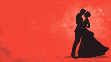 Stylized silhouette of a couple in a romantic embrace, set against a vibrant red background with a textured, splattered effect