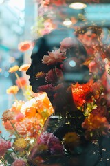 Florists shop with flowers and arrangements close up, focus on, copy space Bright and vivid colors, Double exposure silhouette with bouquets