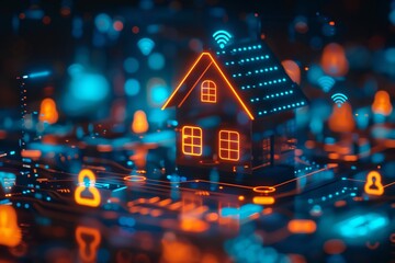 Smart home devices with interconnected appliances close up, focus on, copy space Bright and vivid colors, Double exposure silhouette with home icons
