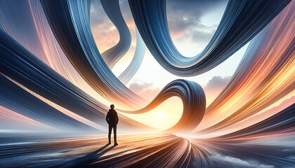 A person stands before a surreal landscape with flowing, ribbon-like structures against a vibrant sunset, symbolizing a journey into the unknown.