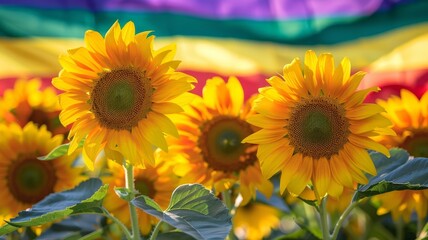 Obraz premium Vibrant sunflowers blooming in front of a rainbow flag, symbolizing positivity and diversity.