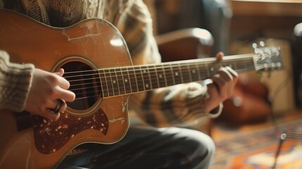 Obraz premium The hands playing the Guitar belong to a man.
