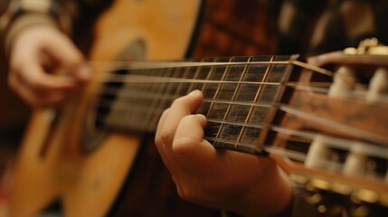 Fototapeta premium The hands playing the Guitar belong to a man.