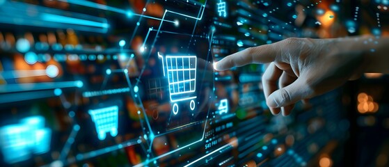 Hand touching digital shopping cart icon on virtual screen, depicting an online retail concept. An ecommerce technology background. 