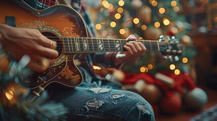 Obraz premium The hands playing the Guitar belong to a man.