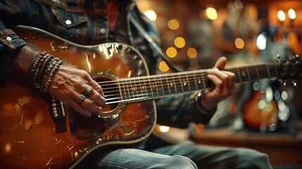 Fototapeta premium The hands playing the Guitar belong to a man.