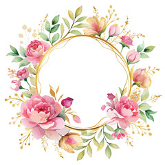 A circle-shaped postcard frame with pink bouquets of flowers