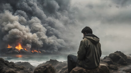 Silhouette of depressed man. Silhouette depressed man behaving sadly. Sad man suffering depression insomnia awake and sit alone on the bed in bedroom. AI generated image, ai..